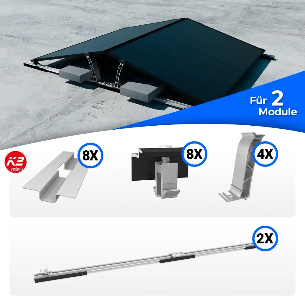 K2 Systems D-Dome Ost/West Flachdach Montageset für 2 Solarmodule – beidseitiges PV-Montagesystem für Flachdächer ohne Dachdurchdringung