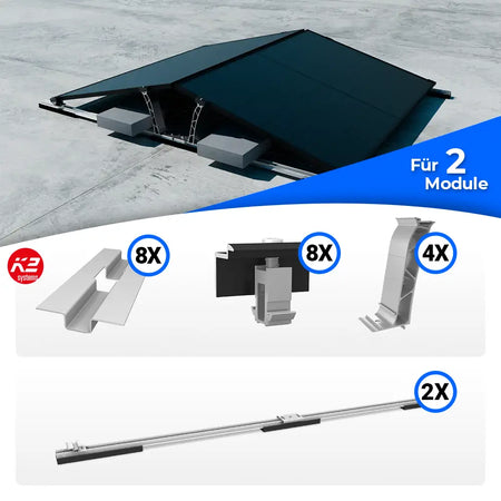K2 Systems D-Dome Ost/West Flachdach Montageset für 2 Solarmodule – beidseitiges PV-Montagesystem für Flachdächer ohne Dachdurchdringung