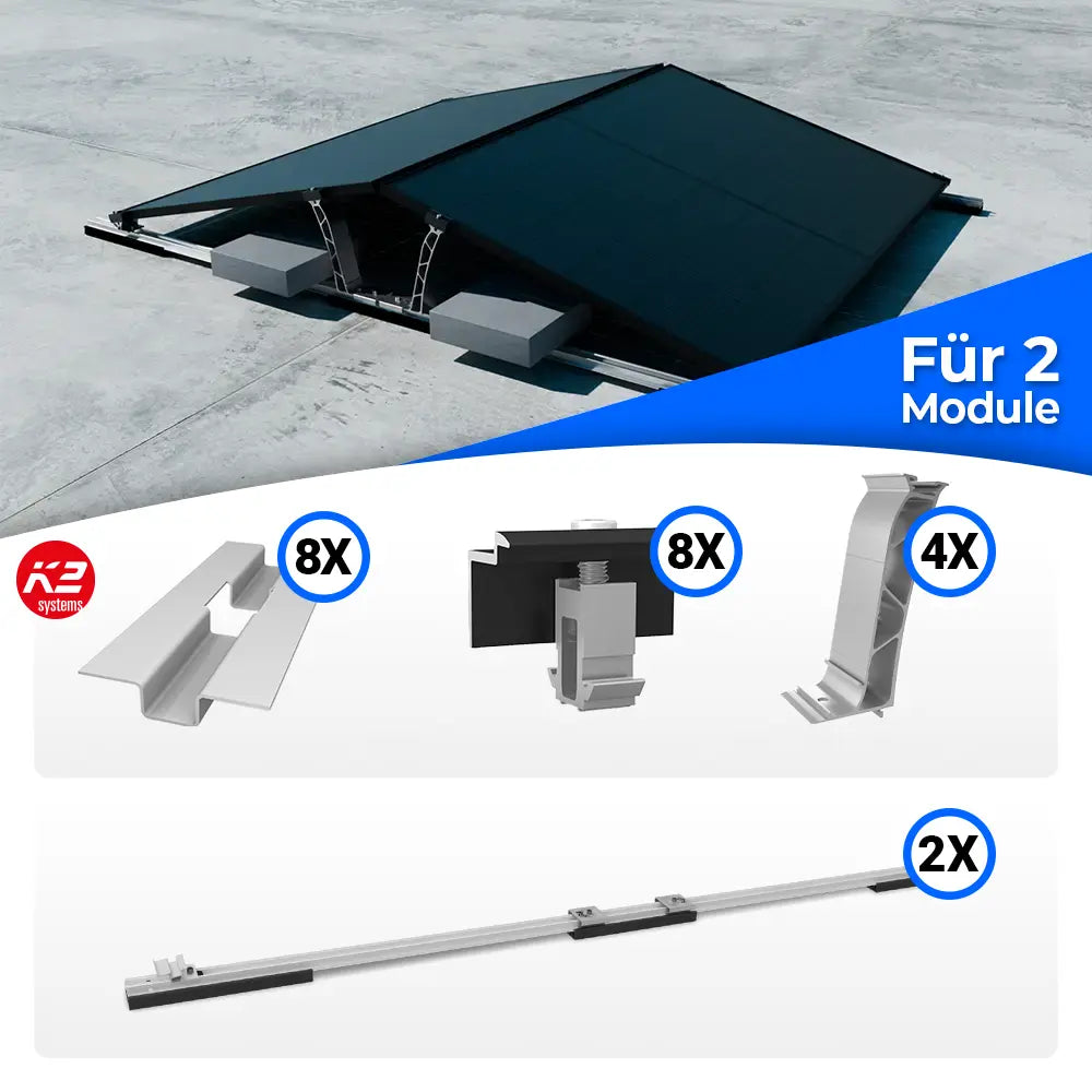 K2 Systems D-Dome Flachdach Montageset 6.10 Ost-West für 2 Solarmodule – Montagesystem Photovoltaik