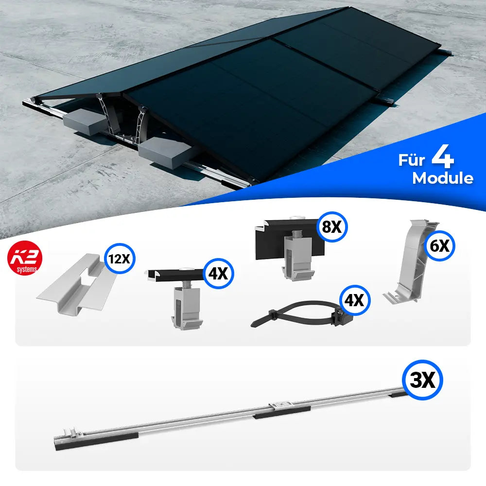K2 Systems D-Dome Ost/West Flachdach Montageset für 4 Solarmodule – beidseitiges PV-Montagesystem zur optimalen Flächennutzung ohne Dachdurchdringung