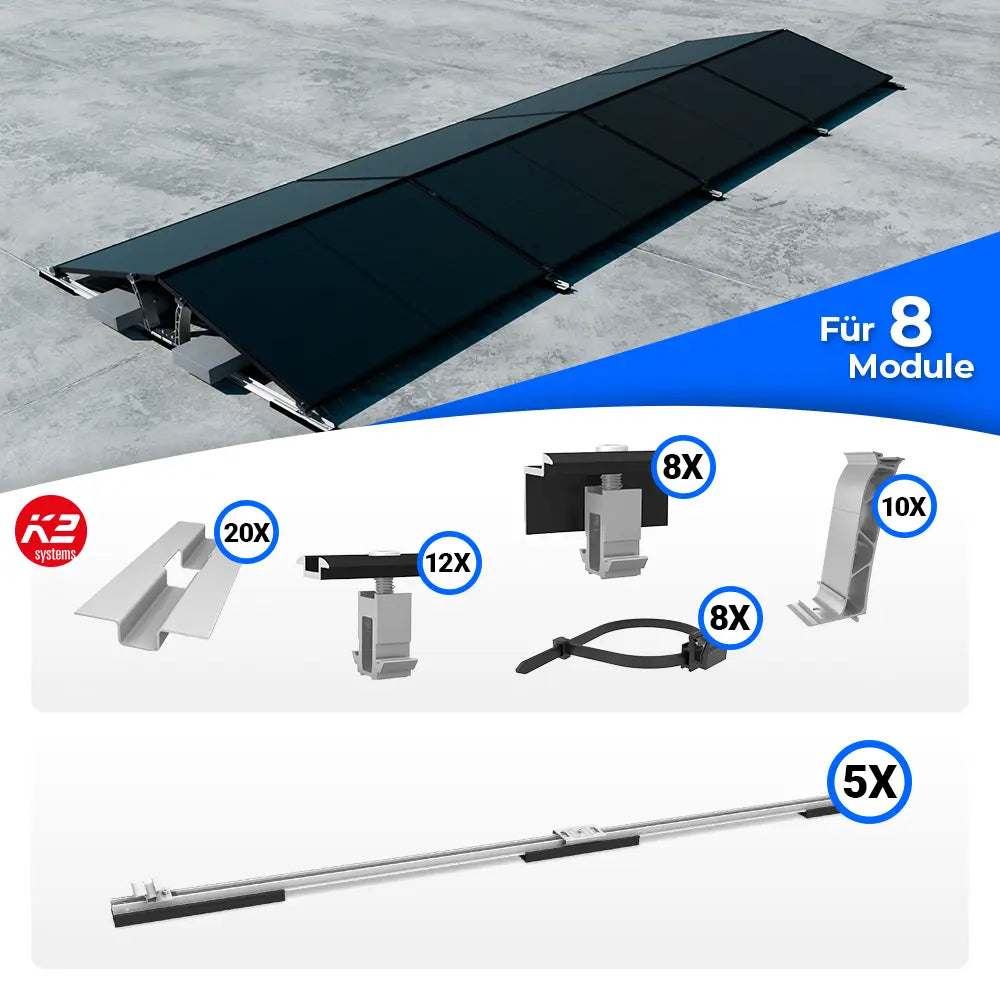 K2 Systems D-Dome Ost/West Flachdach Montageset für 8 Solarmodule – beidseitiges PV-Montagesystem für maximale Flächenausnutzung ohne Dachdurchdringung