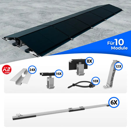K2 Systems D-Dome Ost/West Montageset für 10 Module – Flachdach-PV-Unterkonstruktion.