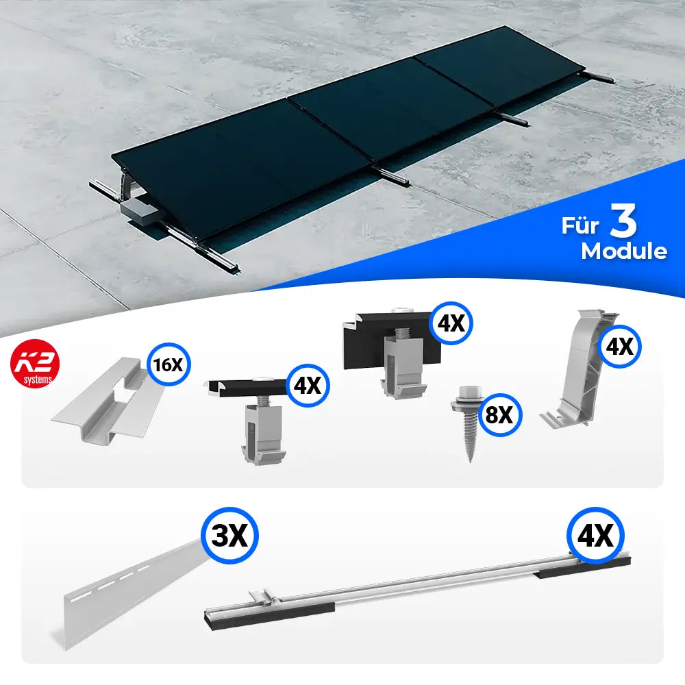 K2 Systems S-Dome Flachdach Montageset für 3 Solarmodule – aerodynamisches PV-Montagesystem für Flachdächer ohne Dachdurchdringung