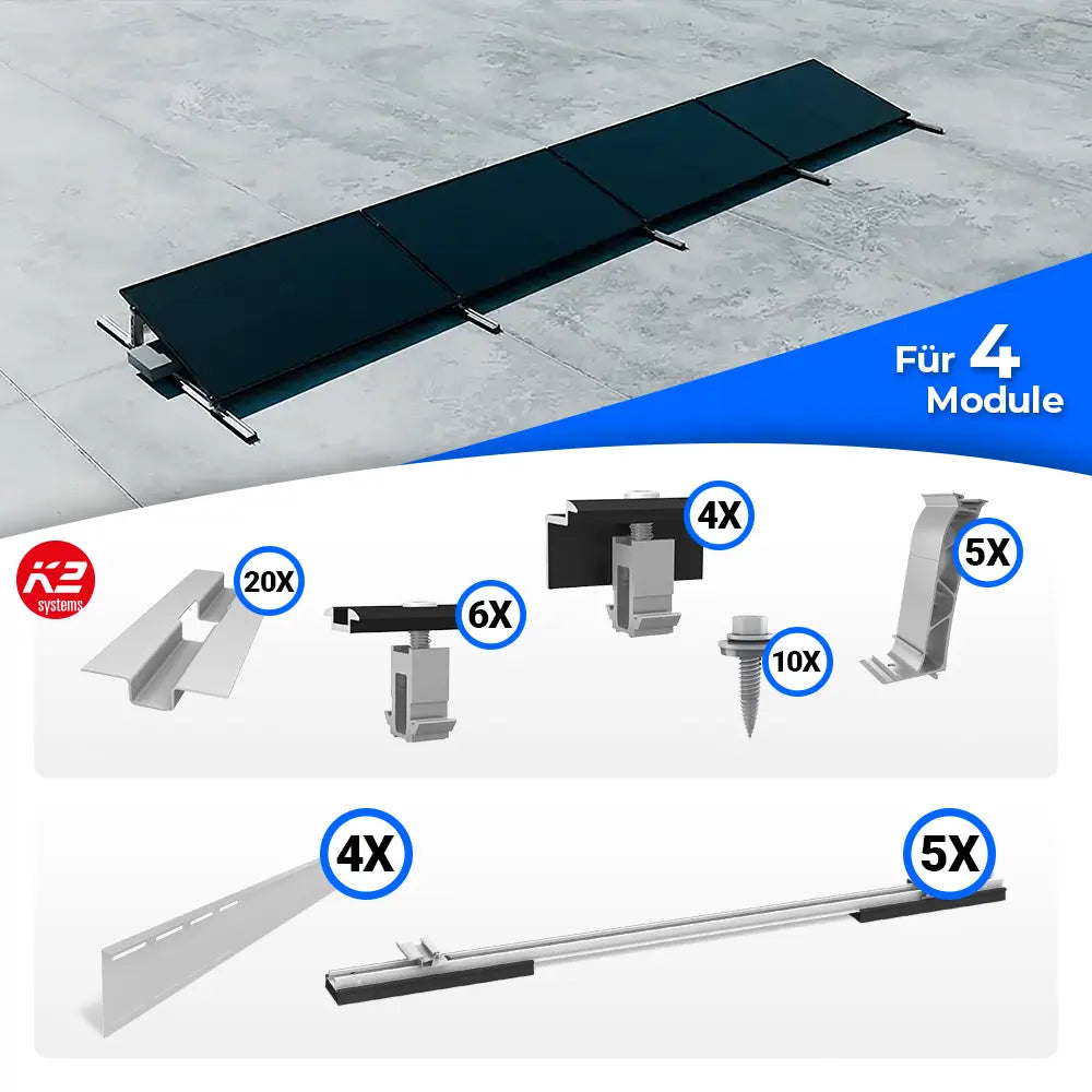 K2 Systems S-Dome Flachdach Montageset für 4 Solarmodule – aerodynamisches PV-Montagesystem für Flachdächer ohne Dachdurchdringung