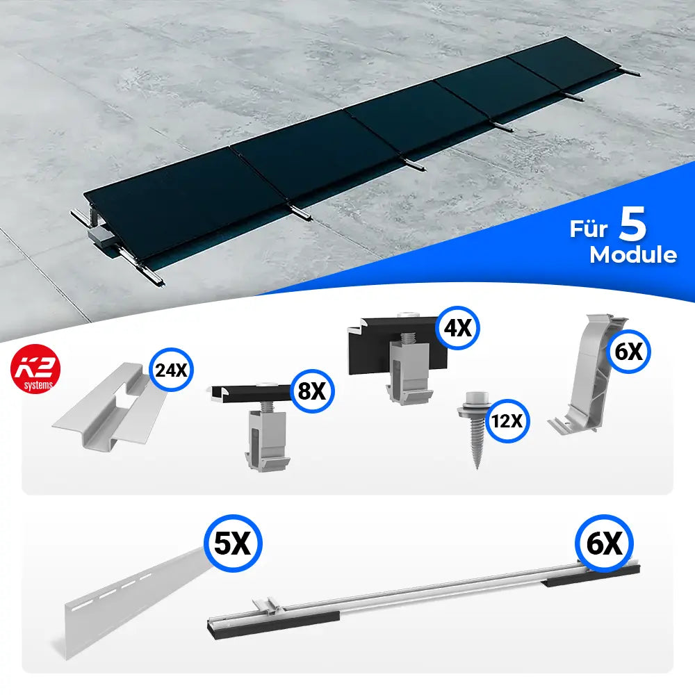 K2 Systems S-Dome Flachdach Montageset für 5 Solarmodule – aerodynamisches PV-Montagesystem für Flachdächer ohne Dachdurchdringung