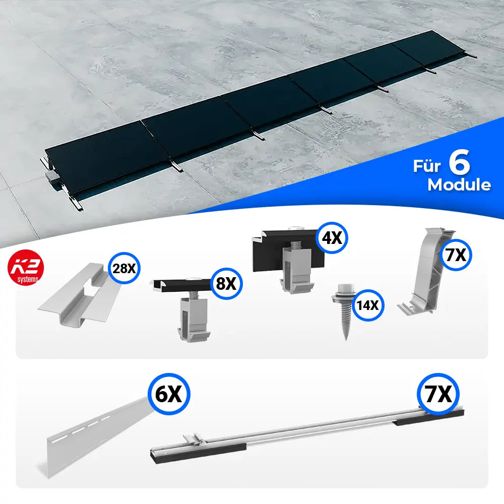 K2 Systems S-Dome Flachdach Montageset für 6 Solarmodule – aerodynamisches PV-Montagesystem für Flachdächer ohne Dachdurchdringung