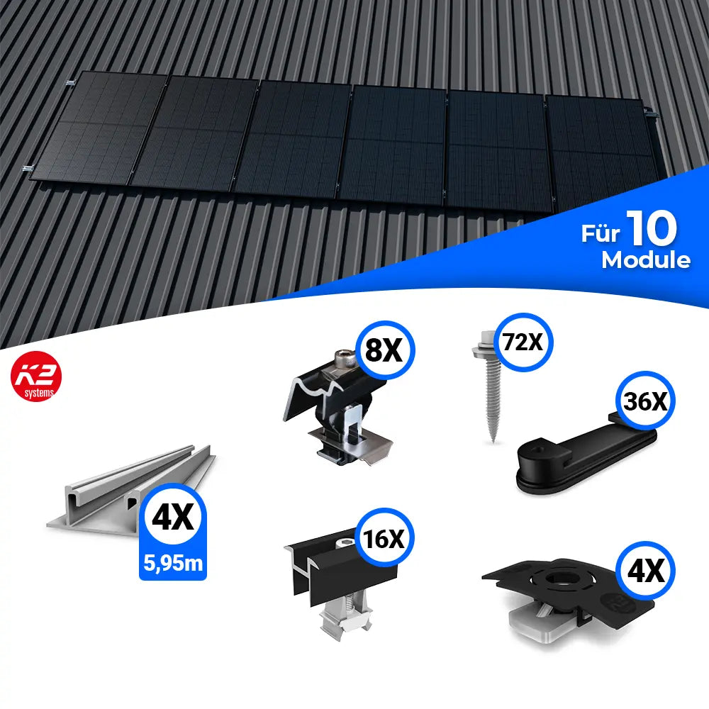 Montageset zur Befestigung von zehn Solarmodulen auf einem Trapezblechdach. Oben ist eine Beispielinstallation mit zehn Modulen dargestellt. Unten sind die enthaltenen Komponenten abgebildet: vier Montageschienen (5,95 m), End- und Mittelklemmen, Schrauben, Halteclips und weitere Montageteile – alle mit Stückzahlangaben versehen.