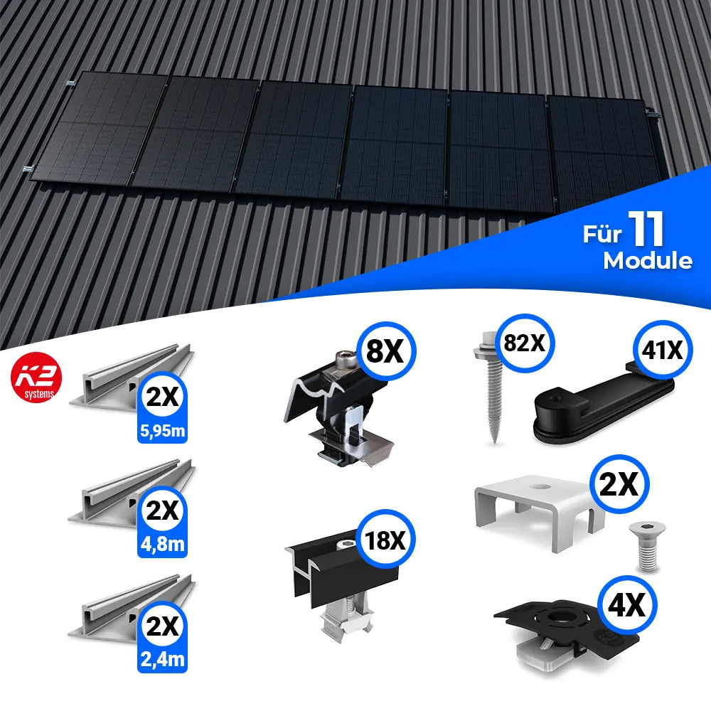 Montageset zur Befestigung von elf Solarmodulen auf einem Trapezblechdach. Oben ist eine Beispielmontage mit elf Modulen zu sehen. Im unteren Bereich sind die Bestandteile des Sets dargestellt: je zwei Montageschienen in 5,95 m, 4,8 m und 2,4 m Länge sowie diverse Montagekomponenten wie End- und Mittelklemmen, Schrauben, Halteclips und Dichtungen – jeweils mit Stückzahlangaben.