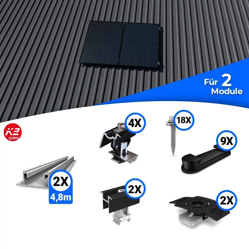 Montageset für die Installation von zwei Solarmodulen auf einem Trapezblechdach. Oben ist eine Beispielmontage mit zwei Modulen dargestellt, unten sind die enthaltenen Komponenten abgebildet, darunter Montageprofile, Klemmen, Schrauben und Zubehörteile in jeweils angegebener Stückzahl.