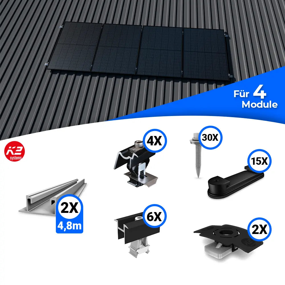 Montageset zur Befestigung von vier Solarmodulen auf einem Trapezblechdach. Das obere Bild zeigt eine Beispielmontage mit vier Modulen, darunter sind die einzelnen Set-Komponenten abgebildet, darunter zwei Montageschienen, Klemmen, Schrauben und weiteres Zubehör mit Stückzahlen.