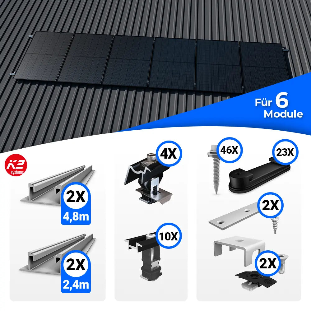 K2 Systems Trapezblech Montageset für 6 Solarmodule – PV-Unterkonstruktion zur sicheren Befestigung von Photovoltaikmodulen auf Trapezblechdächern