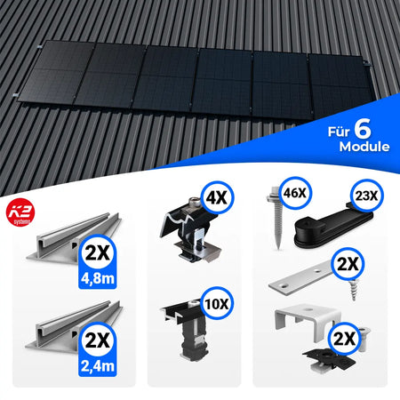 K2 Systems Trapezblech Montageset für 6 Solarmodule – PV-Unterkonstruktion zur sicheren Befestigung von Photovoltaikmodulen auf Trapezblechdächern