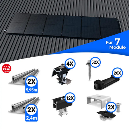 Montageset für sieben Solarmodule zur Befestigung auf einem Trapezblechdach. Das obere Bild zeigt eine Beispielinstallation mit sieben Modulen. Im unteren Bereich sind die enthaltenen Montagematerialien abgebildet: zwei lange Schienen (5,95 m), zwei kürzere Schienen (2,4 m), End- und Mittelklemmen, Schrauben, Halteclips und weiteres Zubehör mit Mengenangaben.