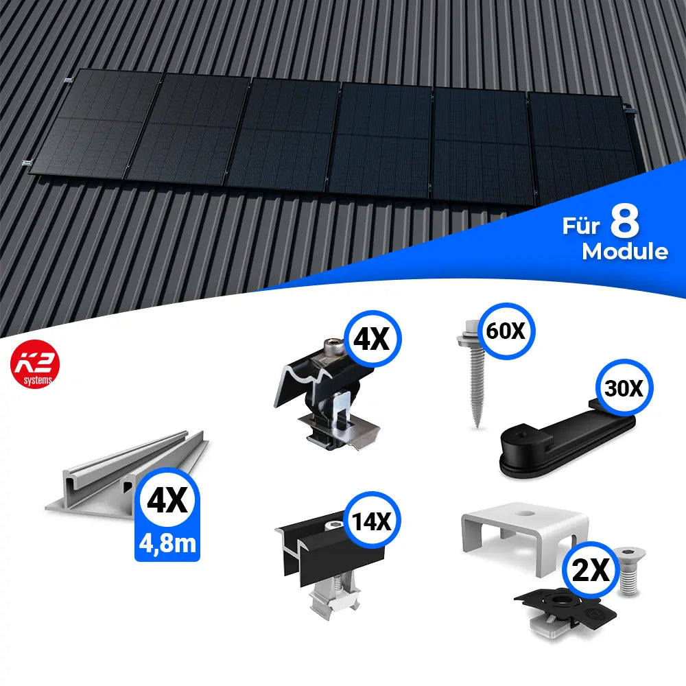 Montageset zur Installation von acht Solarmodulen auf einem Trapezblechdach. Das obere Bild zeigt eine Beispielmontage mit acht Modulen. Im unteren Bereich sind die enthaltenen Bauteile abgebildet: vier Montageschienen (4,8 m), End- und Mittelklemmen, Schrauben, Halteclips, zwei weiße Kabelclips und weiteres Zubehör, jeweils mit Angabe der Stückzahl.