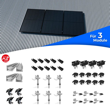 K2 Systems Welldach-Montageset für 3 Solarmodule – Befestigungsset für die Montage auf Wellblechdächern. Enthält Aluminium-Montageschienen, Modulklemmen (Mittel- und Endklemmen), Stockschrauben mit Haltern, Dachadapter, Abdeckkappen und weiteres Montagematerial. Ausgelegt für drei Solarmodule in Anordnung.