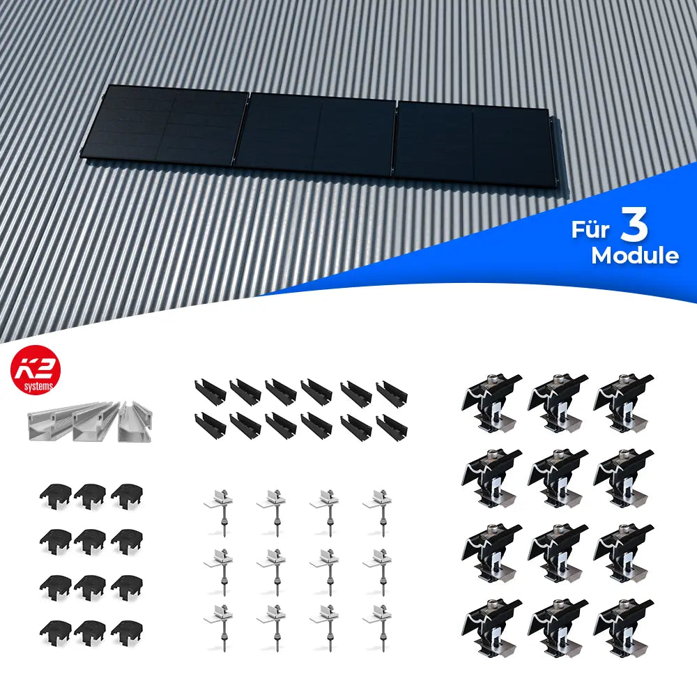 K2 Systems Welldach-Montageset für 3 Solarmodule – Befestigungsset für die Montage auf Wellblechdächern. Enthält Aluminium-Montageschienen, Modulklemmen (Mittel- und Endklemmen), Stockschrauben mit Haltern, Dachadapter, Abdeckkappen und weiteres Montagematerial. Ausgelegt für drei Solarmodule in horizontaler Anordnung.