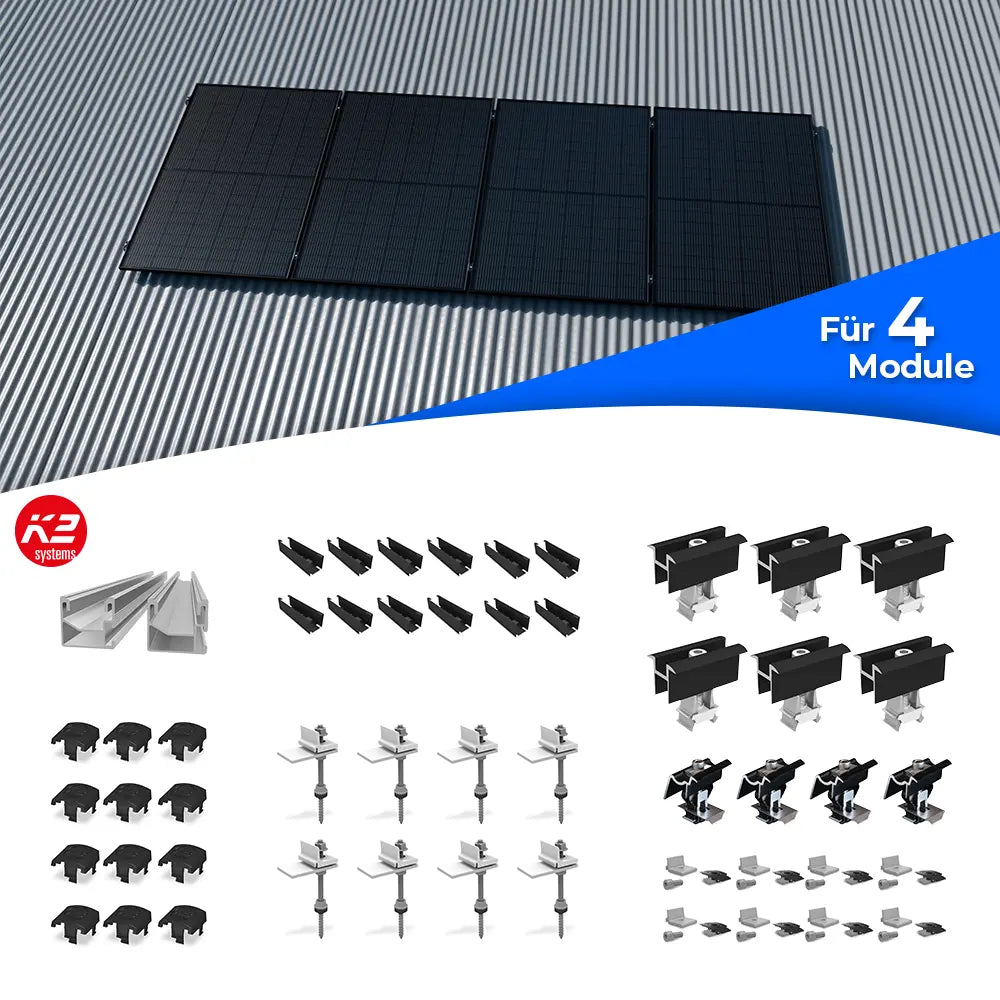K2 Systems Welldach-Montageset für 4 Solarmodule – Komplettes Befestigungsset für Photovoltaik-Installationen auf Wellblechdächern. Enthält Montageschienen, Modulklemmen (Mittel- und Endklemmen), Stockschrauben mit Montageplatten, Dachadapter, Abdeckkappen und weiteres Zubehör für die waagerechte Montage von vier PV-Modulen.