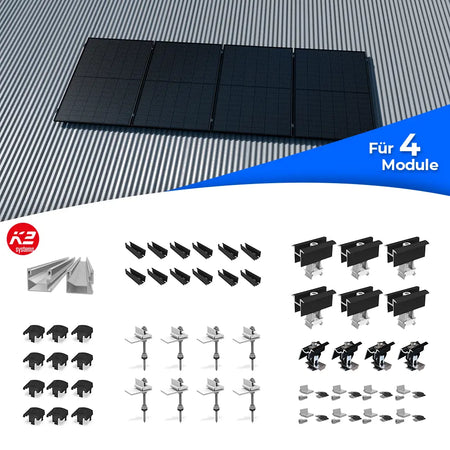 K2 Systems Welldach-Montageset für 4 Solarmodule – Komplettes Befestigungsset für Photovoltaik-Installationen auf Wellblechdächern. Enthält Montageschienen, Modulklemmen (Mittel- und Endklemmen), Stockschrauben mit Montageplatten, Dachadapter, Abdeckkappen und weiteres Zubehör für die waagerechte Montage von vier PV-Modulen.