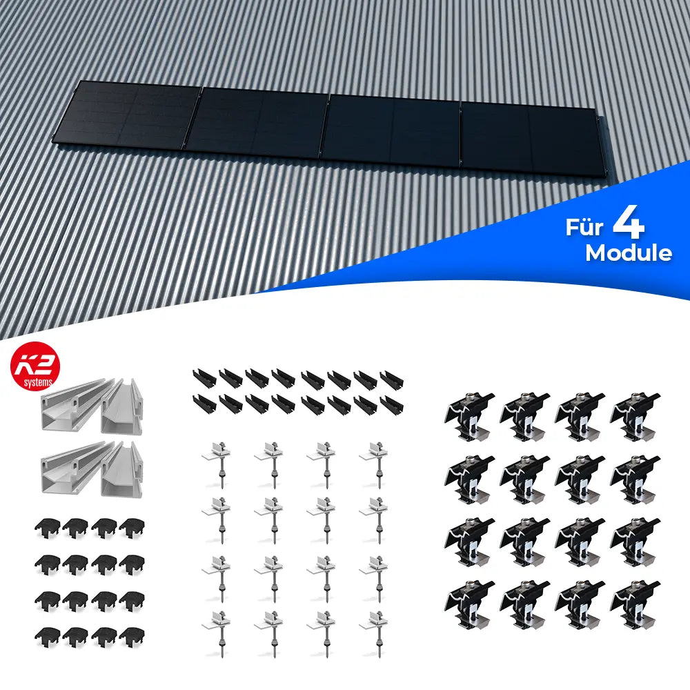 K2 Systems Welldach-Montageset für 4 Solarmodule – Komplettes Befestigungsset für Photovoltaik-Installationen auf Wellblechdächern. Enthält Montageschienen, Modulklemmen (Mittel- und Endklemmen), Stockschrauben mit Montageplatten, Dachadapter, Abdeckkappen und weiteres Zubehör für die waagerechte Montage von vier PV-Modulen.