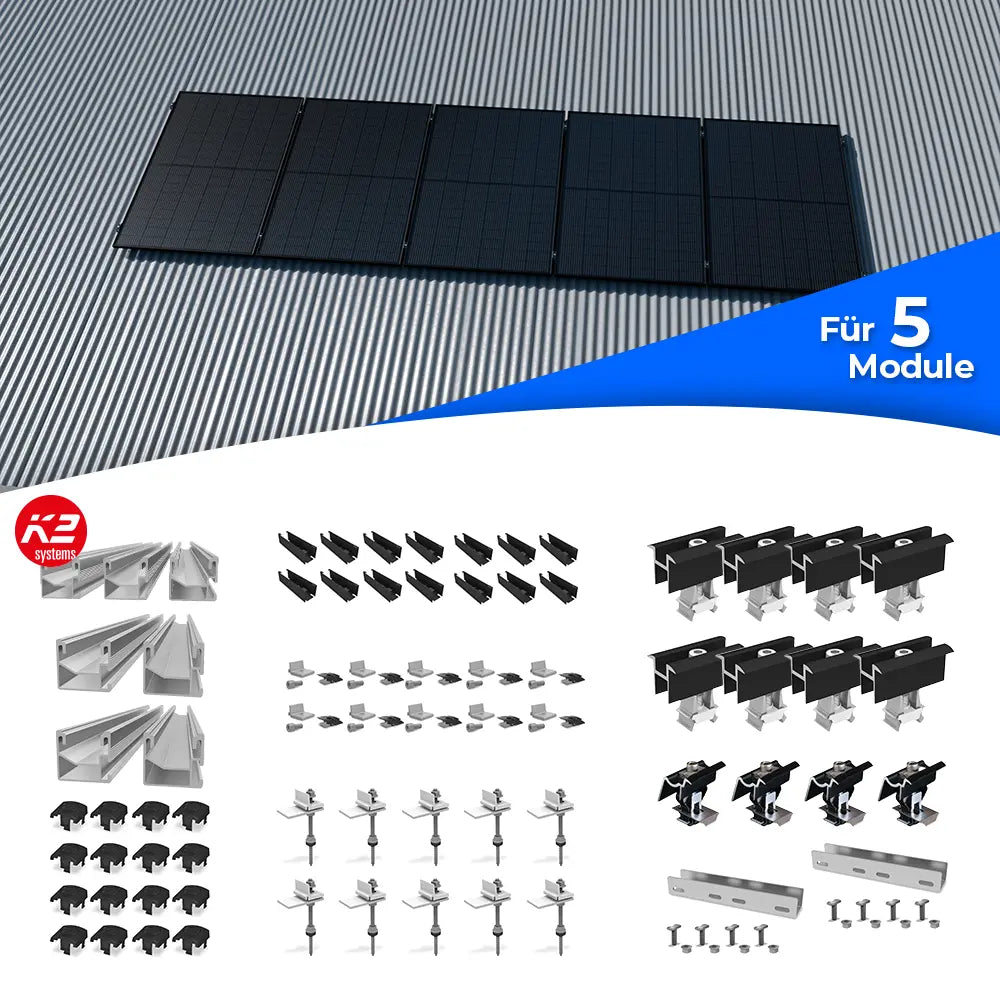 K2 Systems Welldach-Montageset für 5 Solarmodule – Umfassendes Befestigungsset für Photovoltaikanlagen auf Wellblechdächern. Enthält Aluminium-Montageschienen, Mittel- und Endklemmen, Stockschrauben mit Halteplatten, Dachadapter, Abdeckkappen und weiteres Montagematerial zur horizontalen Montage von fünf PV-Modulen.