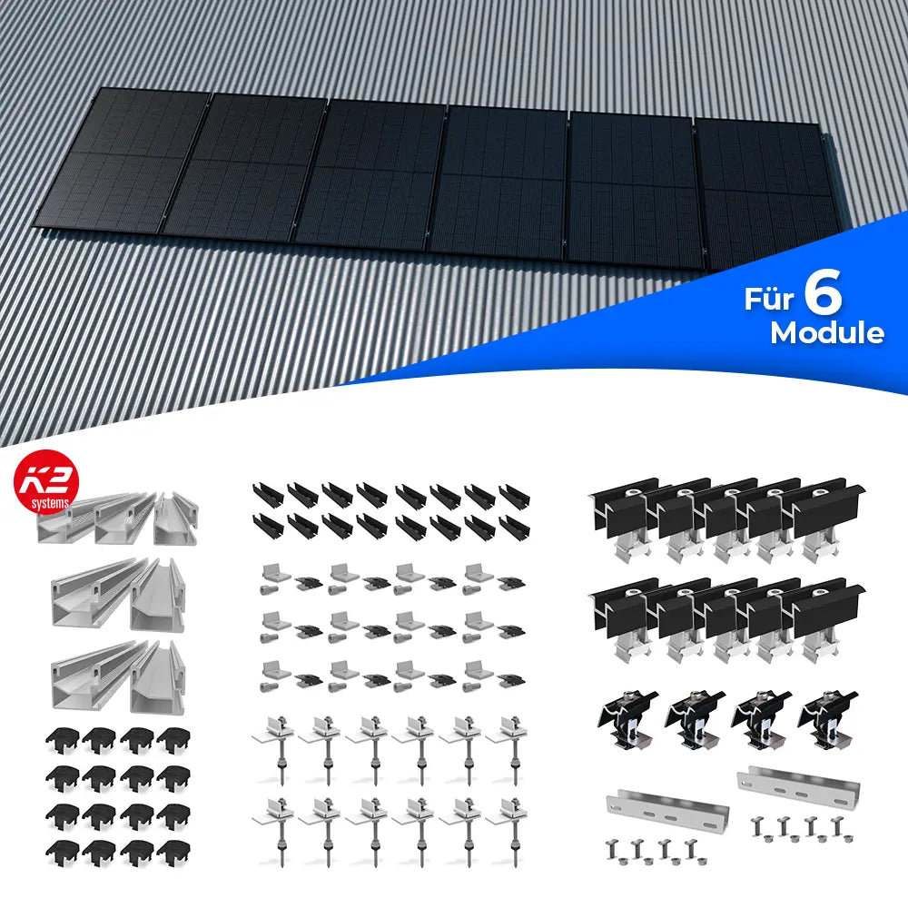 K2 Systems Welldach-Montageset für 6 Solarmodule – Komplettset für Photovoltaik-Installationen auf Wellblechdächern. Enthalten sind Montageschienen aus Aluminium, Mittel- und Endklemmen, Stockschrauben mit Montageplatten, Dachadapter, Abdeckkappen sowie Schrauben und weiteres Befestigungsmaterial. Ausgelegt für die waagerechte Montage von sechs PV-Modulen.