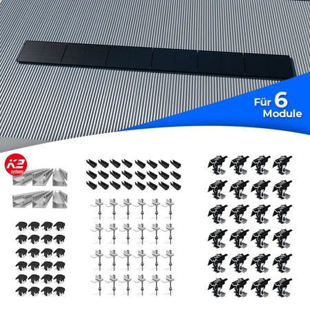 K2 Systems Welldach-Montageset für 6 Solarmodule im Querformat – Montagesystem zur Installation von Photovoltaikmodulen auf Wellblechdächern. Enthält Montageschienen, eine Vielzahl von Mittel- und Endklemmen, Stockschrauben mit Befestigungsplatten, Abdeckkappen sowie modulspezifische Halterungen zur horizontalen Montage von sechs PV-Modulen.