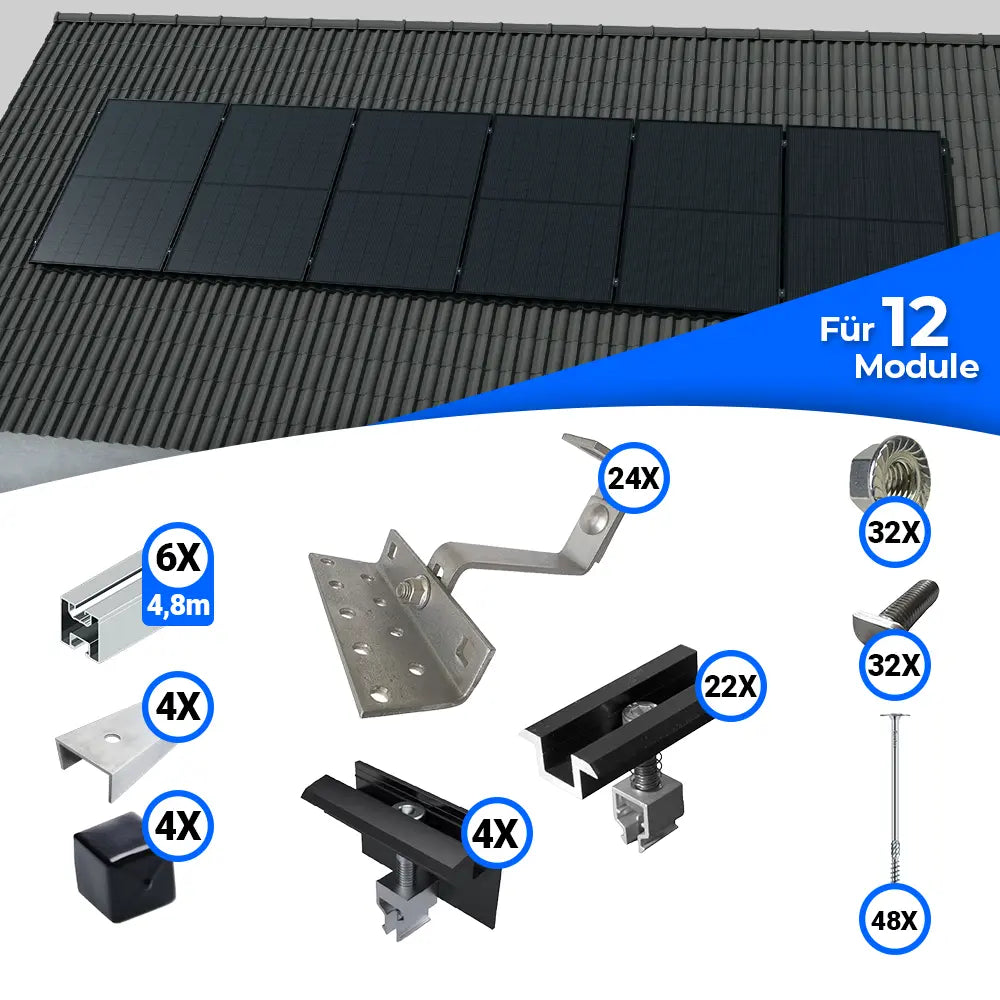 Montageset zur Installation von zwölf Solarmodulen auf einem Schrägdach. Oben ist ein Beispiel für die Montage auf Ziegeln zu sehen. Im unteren Bereich sind die enthaltenen Komponenten dargestellt – darunter Montageschienen, Dachhaken, Klemmen und Schrauben – mit jeweiliger Stückzahlkennzeichnung.