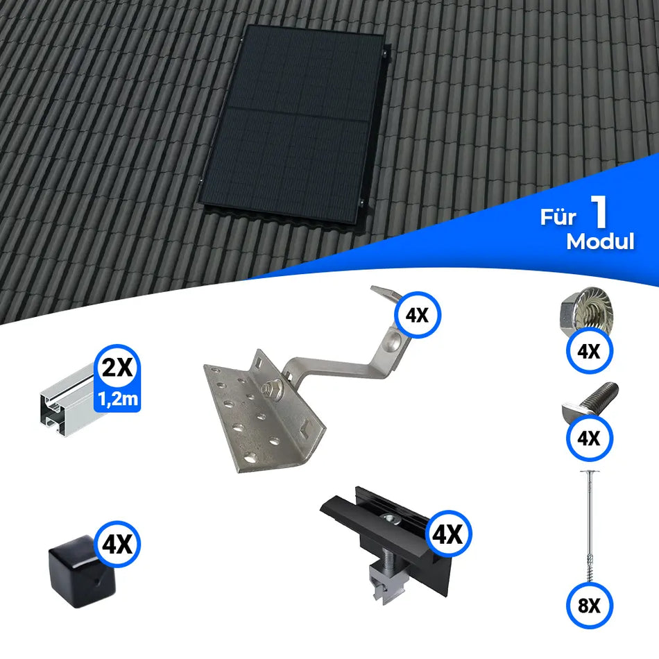 Montageset für 1 Solarmodul auf Ziegeldach – Set enthält 2x 1,2m Aluminiumschienen, 4x Dachhaken, 4x Endkappen, 4x Mittelklemmen, 4x Schrauben mit Unterlegscheiben, 4x Hammerkopfschrauben und 8x Holzschrauben. Komplettset für sichere Photovoltaik-Montage. SH24