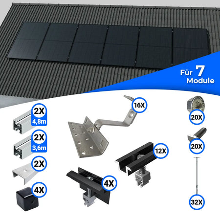 Montageset für die Befestigung von sieben Solarmodulen auf einem Schrägdach. Oben im Bild eine beispielhafte Darstellung der Module auf einem Ziegeldach. Unten sind die Komponenten des Sets abgebildet, einschließlich Aluminiumschienen, Dachhaken, End- und Mittelklemmen, Schrauben und Montagematerial – jeweils mit Stückzahl-Angaben.