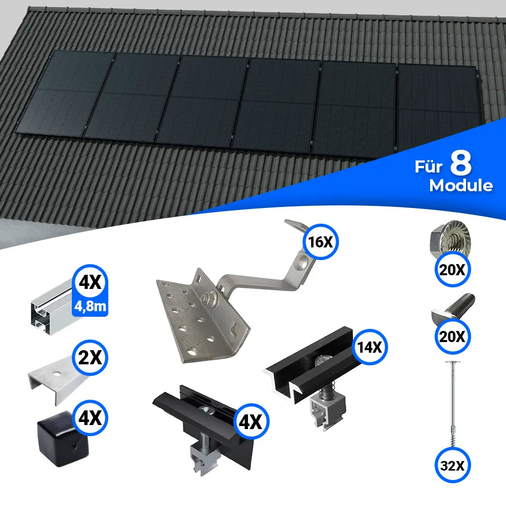 Montageset zur Installation von Solarmodulen auf einem Schrägdach. Oben eine Beispielabbildung mit acht montierten Modulen. Darunter sind die Einzelteile des Sets abgebildet, inklusive Montageschienen, Dachhaken, Klemmen, Schrauben und Befestigungselementen – jeweils mit Mengenangaben.