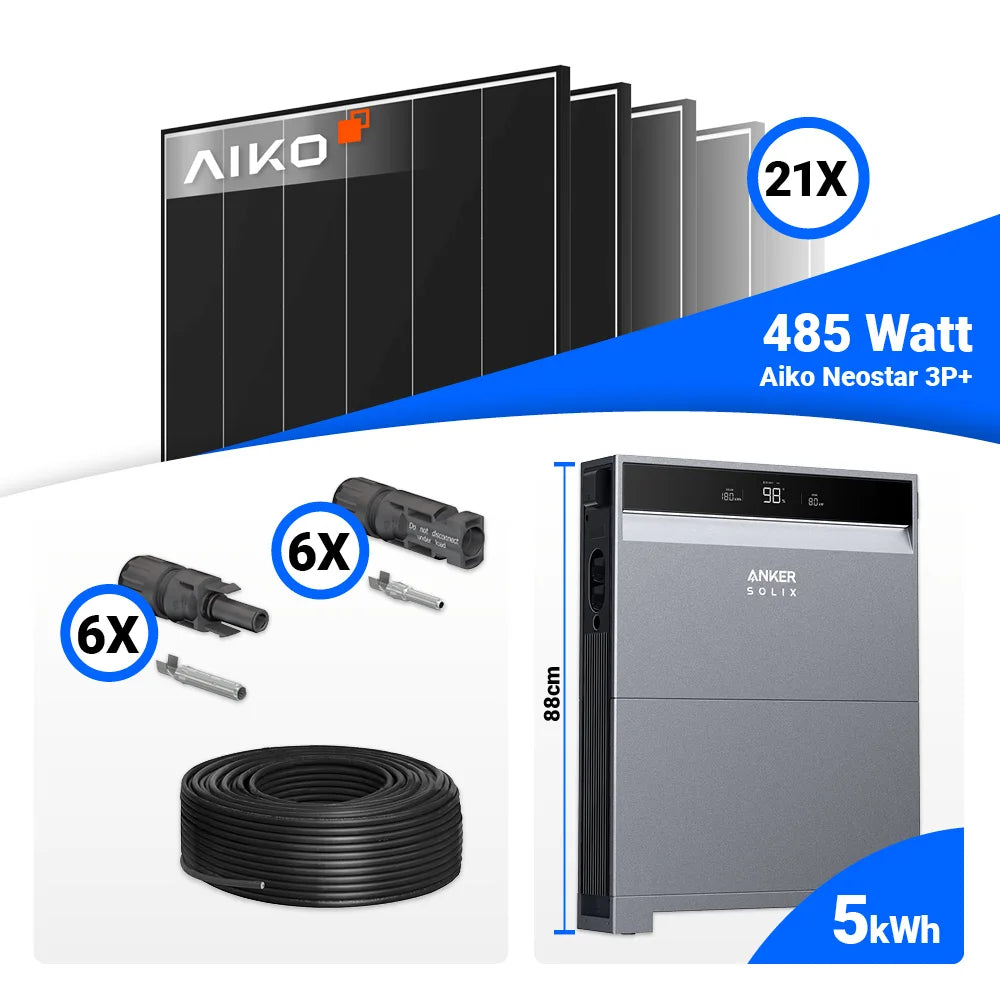 PV Komplettset 10 kWp mit 21 AIKO 485W Full Black Modulen und Anker SOLIX X1-H10K-T, optional mit Speicher