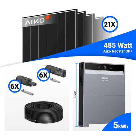 PV Komplettset 10 kWp mit 21 AIKO 485W Full Black Modulen und Anker SOLIX X1-H10K-T, optional mit Speicher