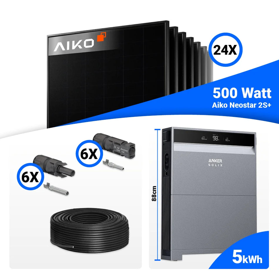 12 kWp PV Komplettset mit 24 AIKO 500W Full Black Modulen, Anker X1-H12K-T und 5 kWh Solarspeicher