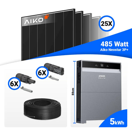 PV Komplettset 12 kWp mit 25 AIKO 485W Full Black Modulen und Anker X1-H12K-T, Speicher optional