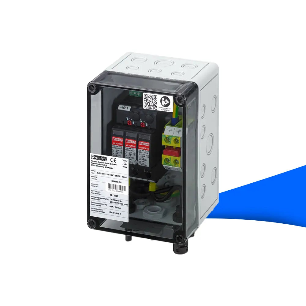 Phoenix Contact Generatoranschlusskasten SOL-SC-1ST-0-DC-1MPPT-1006 – kompakter PV-Stringanschlusskasten (DC) für 1 String/1 MPPT, mit Überspannungsschutz und Anschlussklemmen im robusten Gehäuse.