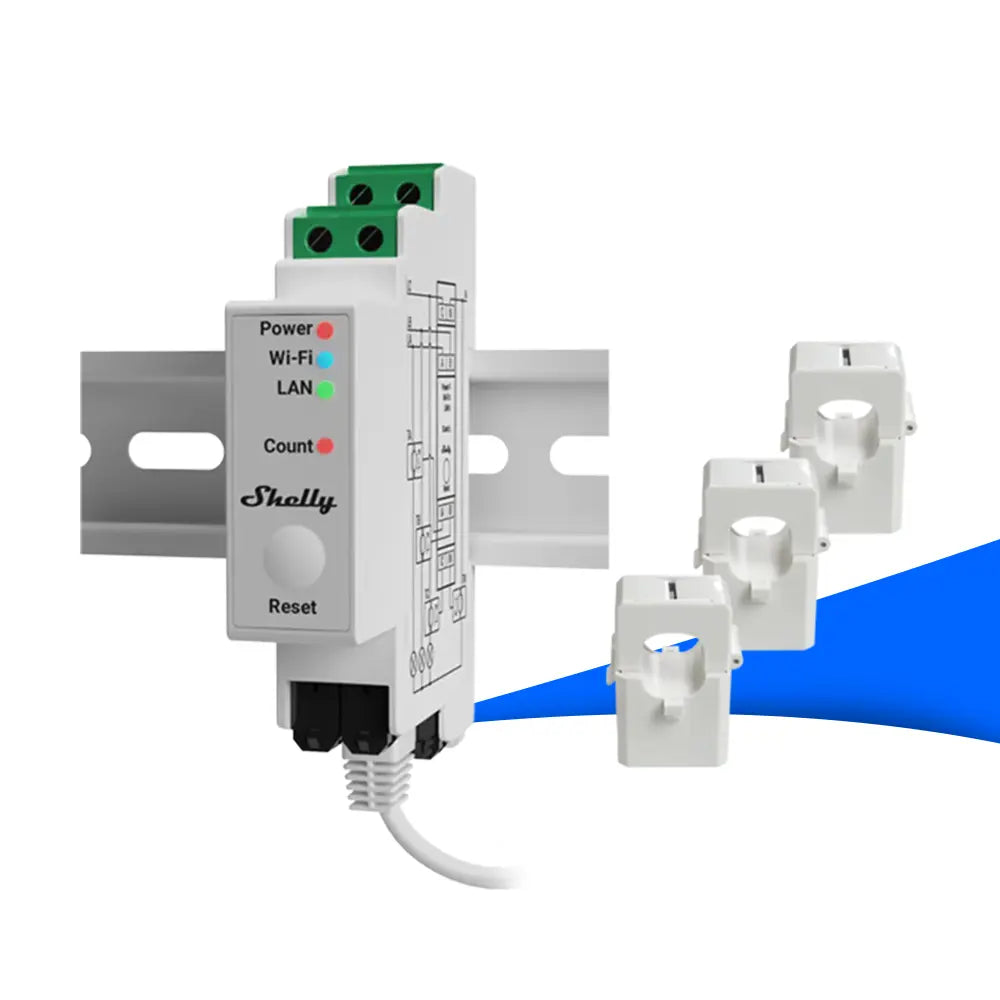 Shelly Pro 3EM 120A Energiezähler für PV-Anlagen – 3-phasiger DIN-Schienen-Zähler mit LAN, Wi-Fi und Bluetooth, inklusive drei 120A-Stromwandlern