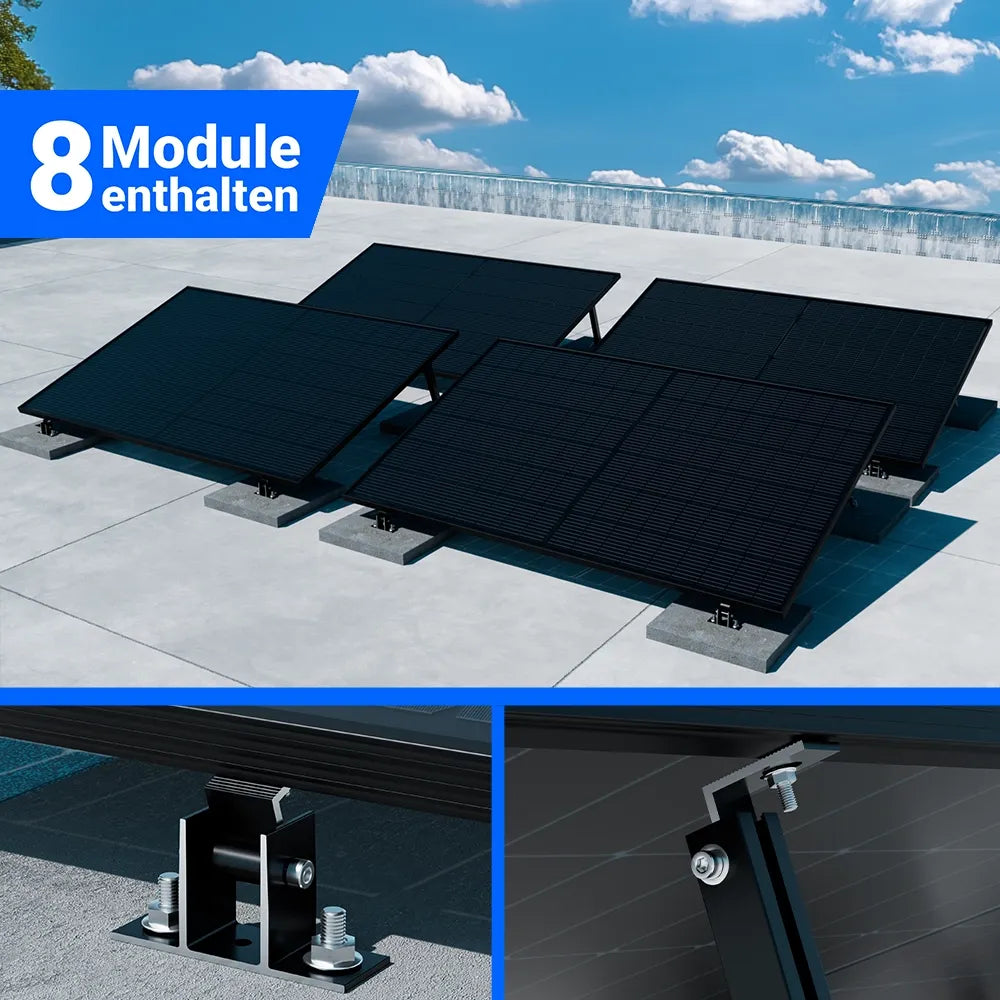 Photovoltaik Komplettset mit 8 Solarmodulen für Flachdach-Montage – inklusive stabiler Befestigung und Zubehör – erhältlich bei SH24.
