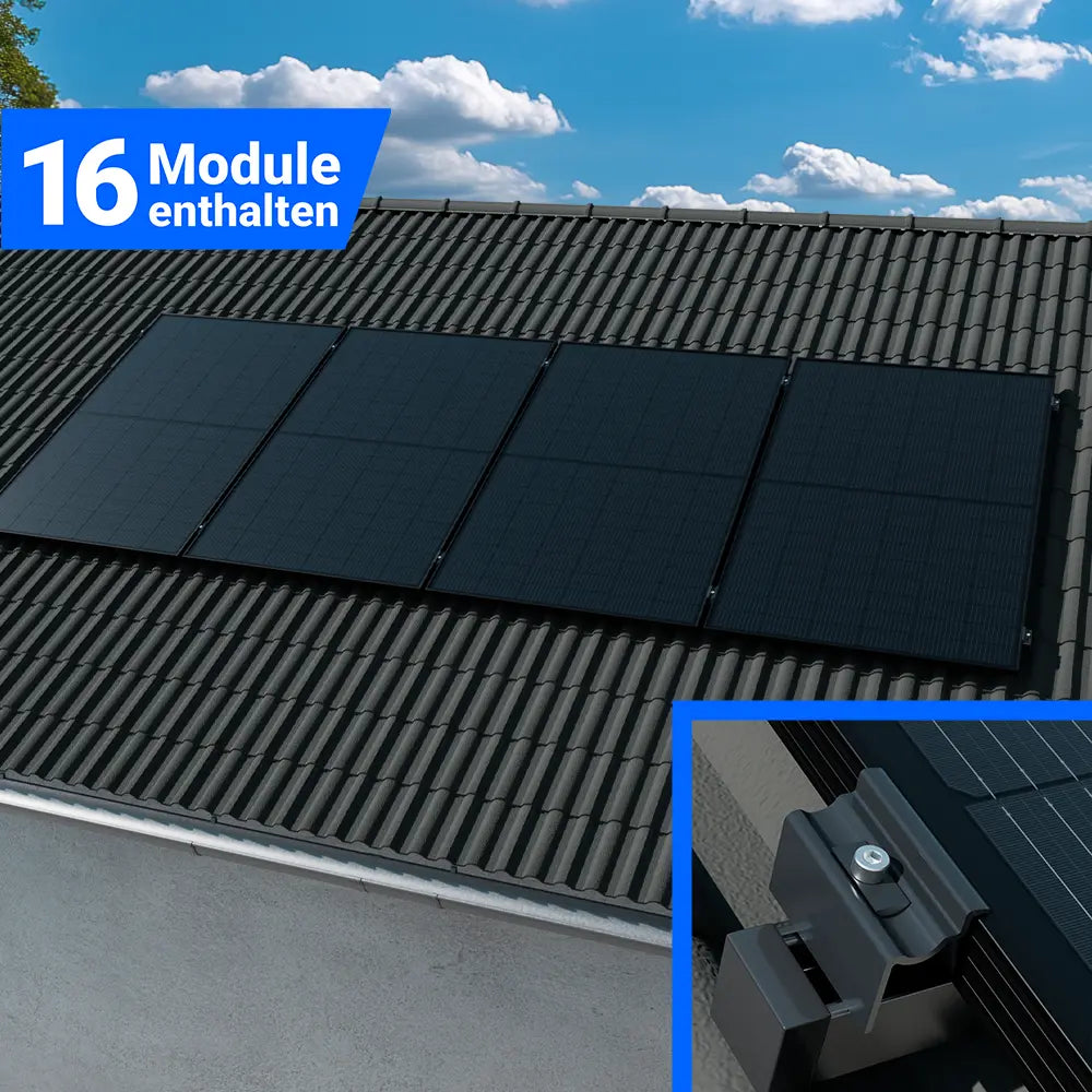 Photovoltaik-Montageset mit 16 Solarmodulen für Schrägdach, schwarze Module mit stabiler Dachhalterung für sichere Installation und nachhaltige Stromerzeugung – erhältlich bei SH24.