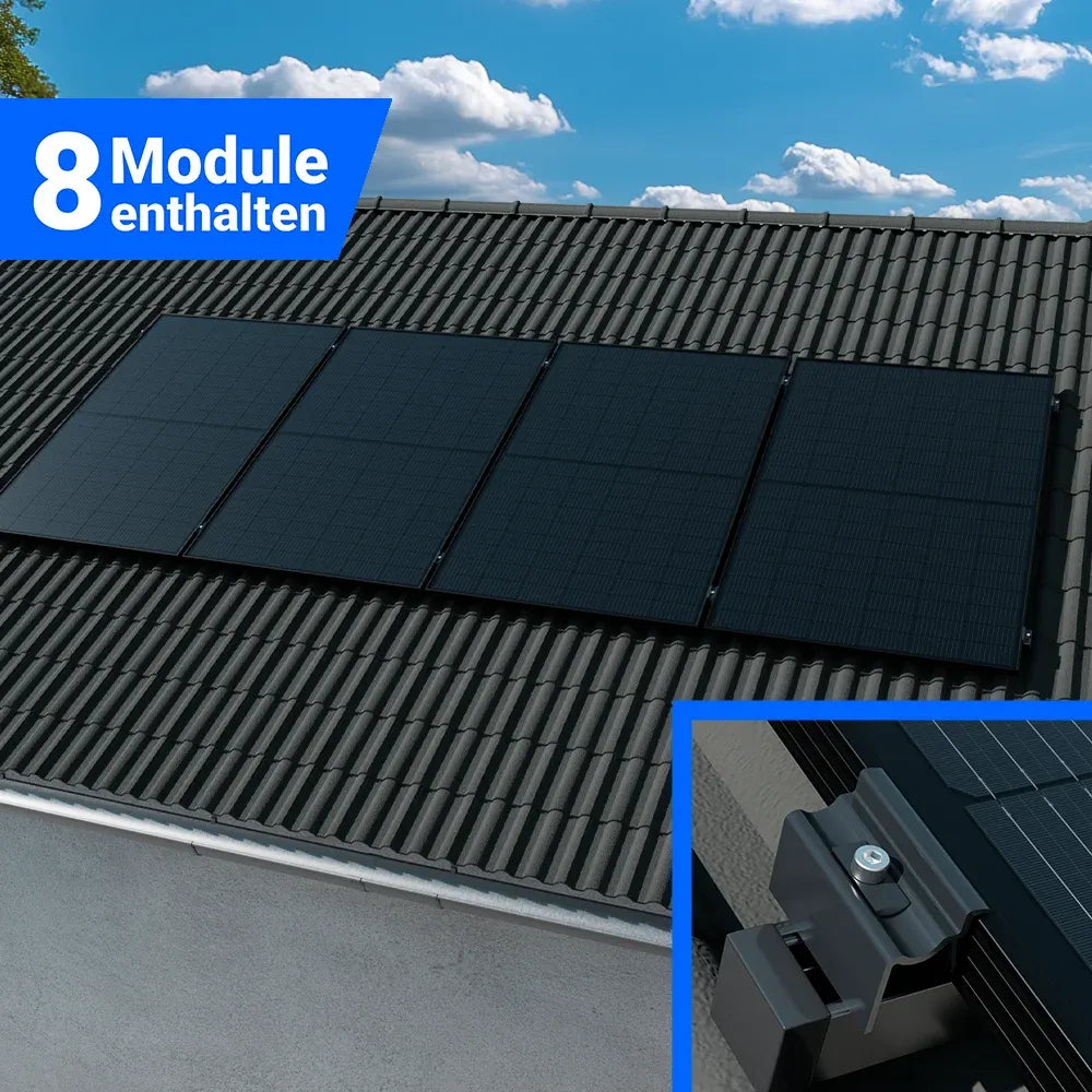 Photovoltaik Komplettset mit 8 Solarmodulen für Schrägdach-Montage – inklusive robustem Befestigungssystem – erhältlich bei SH24.