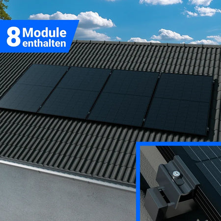 Photovoltaik Komplettset mit 8 Solarmodulen für Schrägdach-Montage – inklusive robustem Halterungssystem – erhältlich bei SH24.