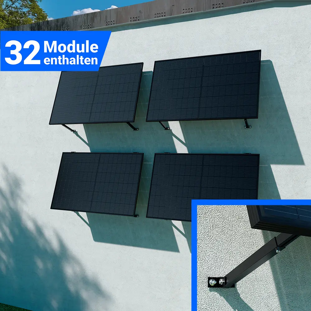 Photovoltaikanlage mit 32 Solarmodulen zur Wandmontage, platzsparend an Fassade installiert, mit stabiler Halterung für sichere Befestigung und nachhaltige Stromerzeugung.