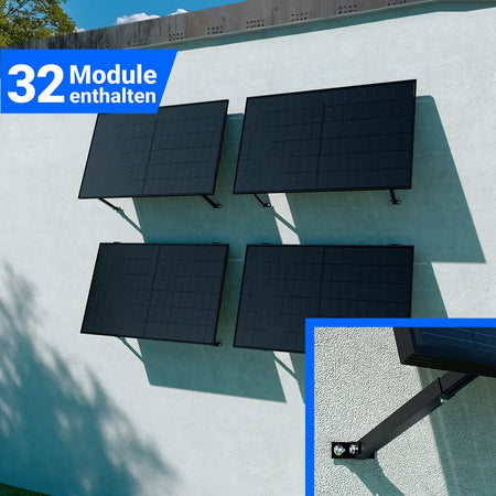Photovoltaikanlage mit 32 Solarmodulen zur Wandmontage, platzsparend an Fassade installiert, mit stabiler Halterung für nachhaltige Stromerzeugung.