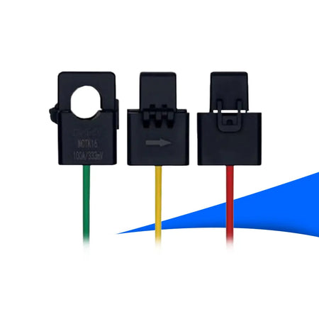 Sungrow CT-Set 100A / 0.333V – drei schwarze Stromwandler mit Kabeln in Grün, Gelb und Rot, dargestellt von vorne und von der Seite.