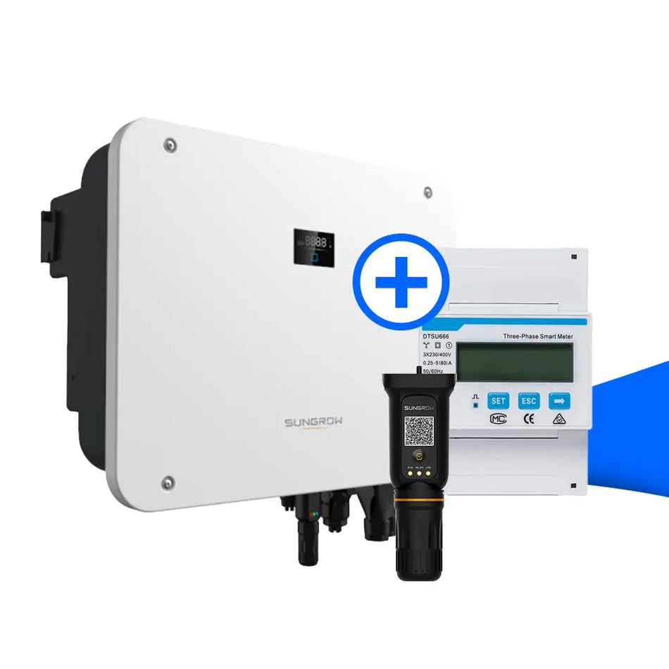 Sungrow Systempaket bestehend aus Hybrid-Wechselrichter, Smart Meter und Kommunikationsmodul zur netzgekoppelten Energieerzeugung und -überwachung.