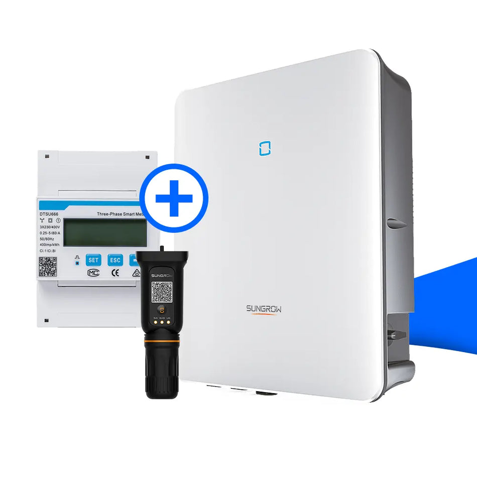 Set aus Sungrow Hybrid-Wechselrichter, Smart Meter und Kommunikationsmodul zur Energieüberwachung und -steuerung.