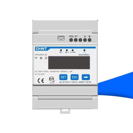 Frontansicht des Sungrow Smart Meter DTSU666-20 – ein 3-phasiger Energiemesser zur Hutschienenmontage mit LCD-Display, RS485-Kommunikation und Tasten zur Bedienung (SET, ESC, Pfeil rechts), geeignet für PV-Anlagen und Hybridwechselrichter.
