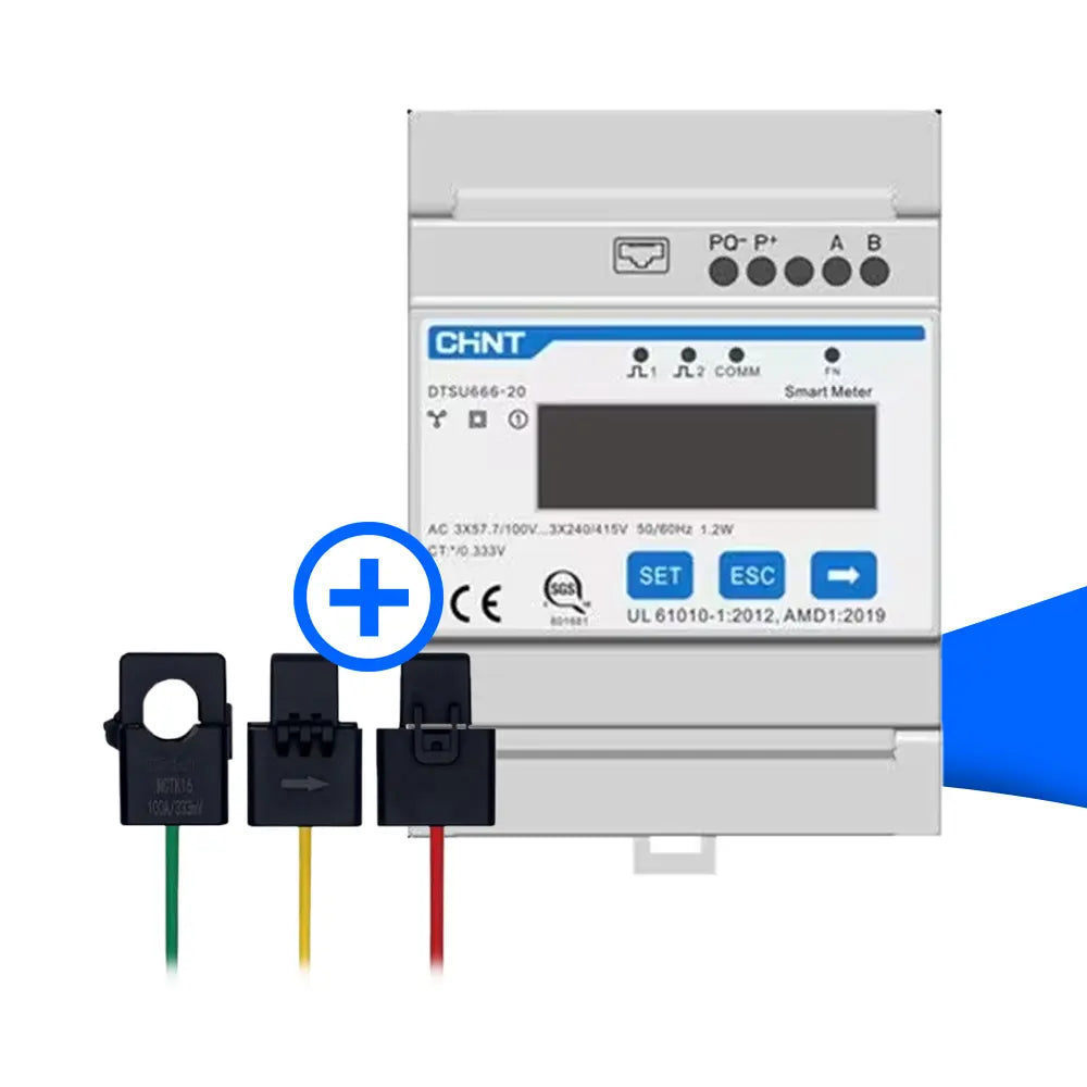 Sungrow Smart Meter DTSU666-20, 3-phasiger Energiezähler mit Display und Bedientasten (SET, ESC, Navigation), inklusive drei Stromwandlern (CT) 100 A / 0,333 V für Messung der Phasenströme.