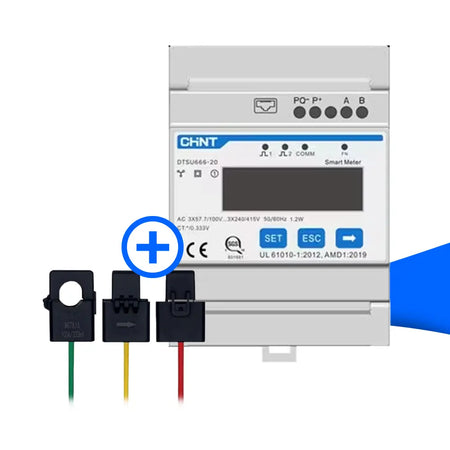Sungrow Smart Meter DTSU666-20, 3-phasiger Energiezähler mit Display und Bedientasten (SET, ESC, Navigation), inklusive drei Stromwandlern (CT) 100 A / 0,333 V für Messung der Phasenströme.