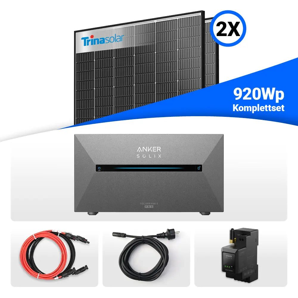 920W Balkonkraftwerk Komplettset mit Speicher – enthält 2x Trina Vertex S+ 460W Glas-Glas Black Frame Solarmodule, Anker Solix Solarbank 2 Pro, Smart Meter sowie Kabel und Zubehör. Erhältlich bei sh24.