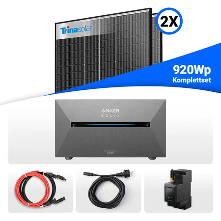 920W Balkonkraftwerk Komplettset mit Speicher – enthält 2x Trina Vertex S+ 460W Glas-Glas Black Frame Solarmodule, Anker Solix Solarbank 2 Pro, Smart Meter sowie Kabel und Zubehör. Erhältlich bei sh24.